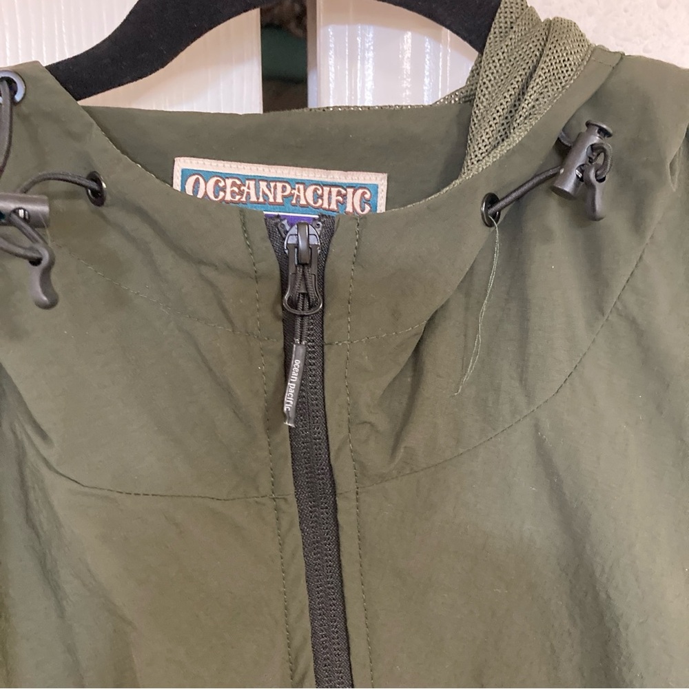 Ocean Pacific Men’s Windbreaker Jacket Green with Stand-Up Collar Hooded Sz L - Picture 5 of 16